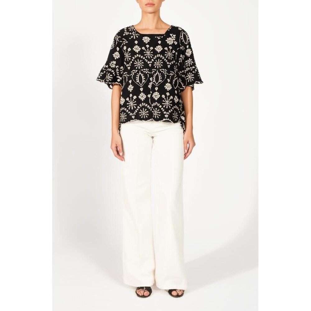 Given Kale Women's Black Cream Eyelet Embroidered Scalloped Bell Sleeve Blouse M
